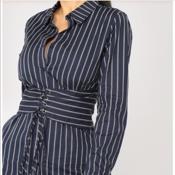 Striped Shirt Dress- Navy and White - Picture 3 of 4